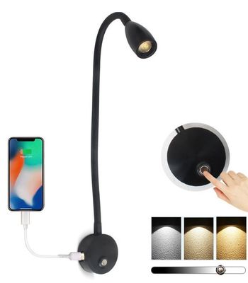 BLACK Flexible 3W Bedroom Bedside Headboard Lamp USB Wall Mounted Dimmable Led Reading Light